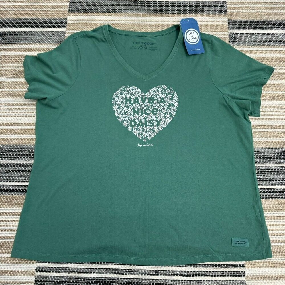 Life Is Good Women's Have a Nice Daisy Heart Crusher Tee Green Top Size. XXXL